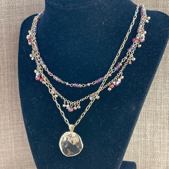 Style & Co. Necklaces Gold plated Multi Rows Faceted Beads Hammered Coin Pendant - Picture 5 of 12